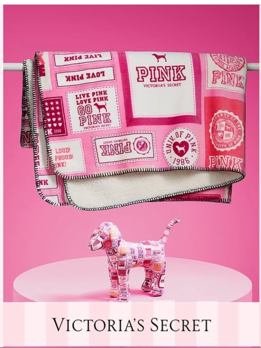 PINK Victoria's Secret Patchwork Logo Sherpa Blanket in Pink. New in bag!